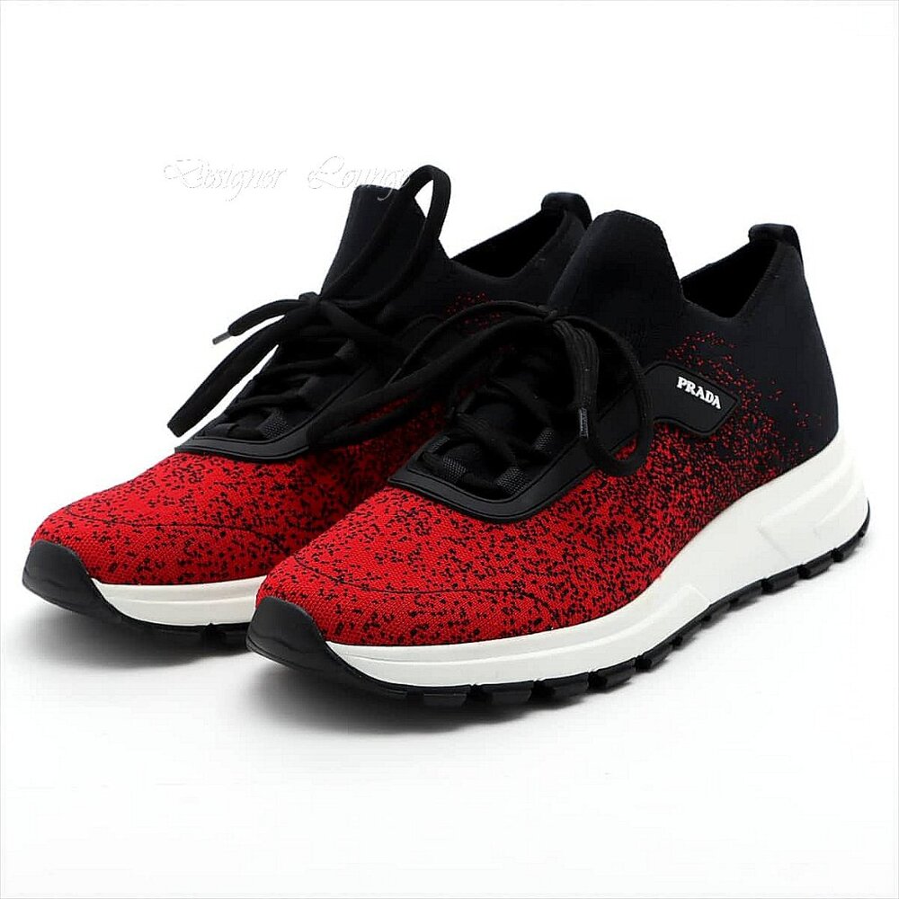 NEW PRADA Men's Knit 2 Red Black Textile Low Top Logo Sneakers UK 10 / US 11 - Picture 2 of 12